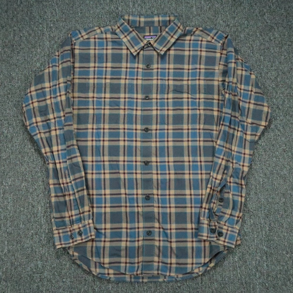 Patagonia Shirt Mens Medium Blue Beige Long Sleeved Organic Pima Cotton Plaid